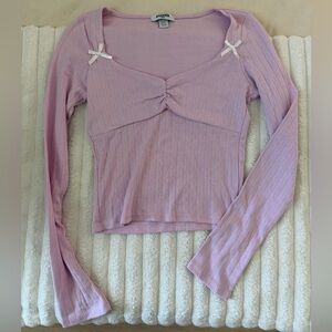 RSQ Lilac Ribbed Long Sleeve Sweetheart Top with Bows